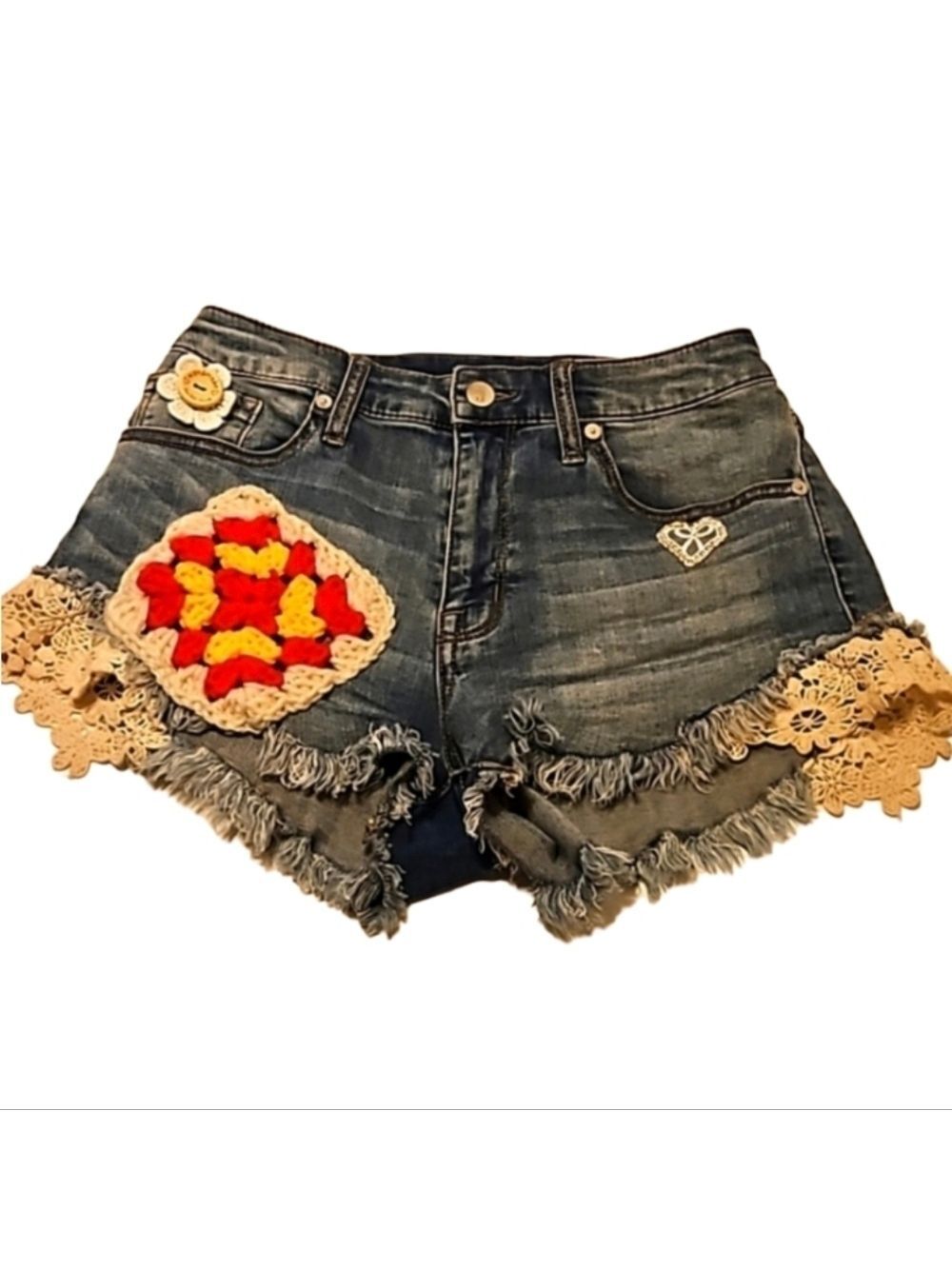 Hand Crafted Upcycled Denim Crochet Shorts Granny Square Handmade High rise 29
